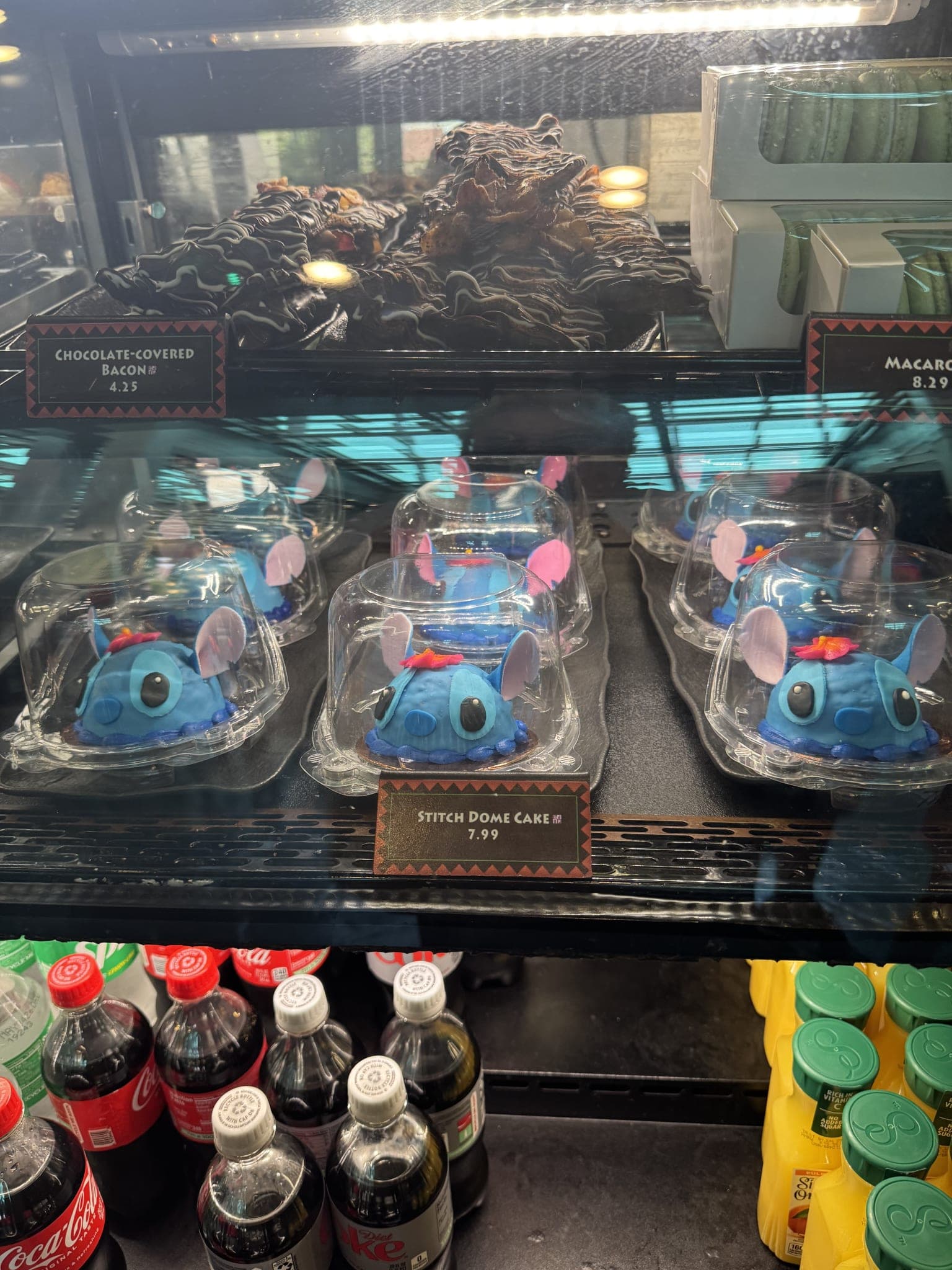 Stitch dome cakes with chocolate-covered bacon above