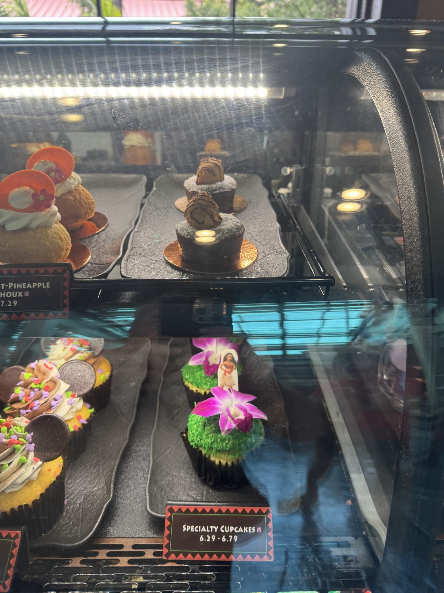 Moana cupcake with orchid and chocolate domes in the case