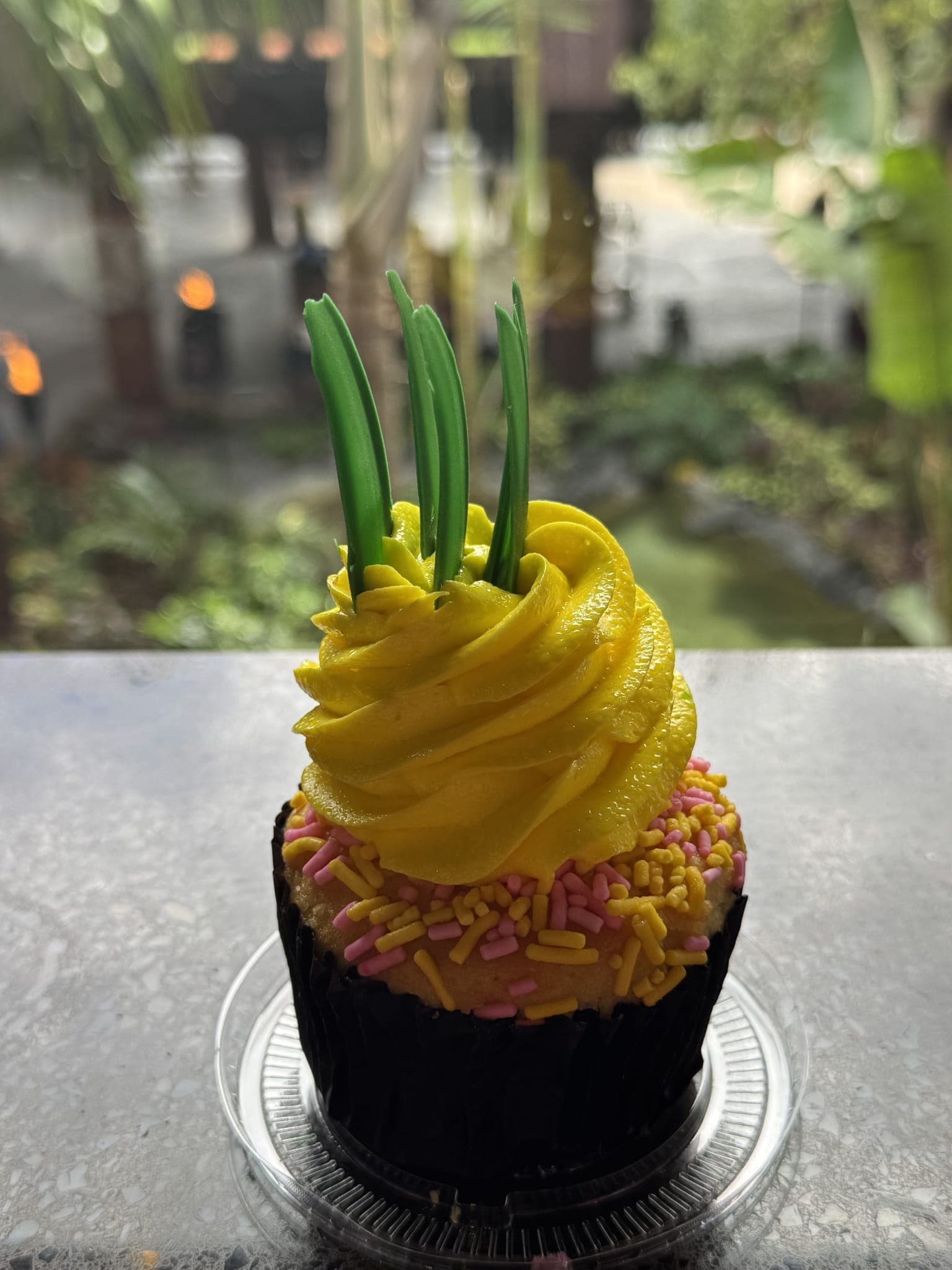 Aloha cupcake close-up on the counter with Polynesian atrium behind