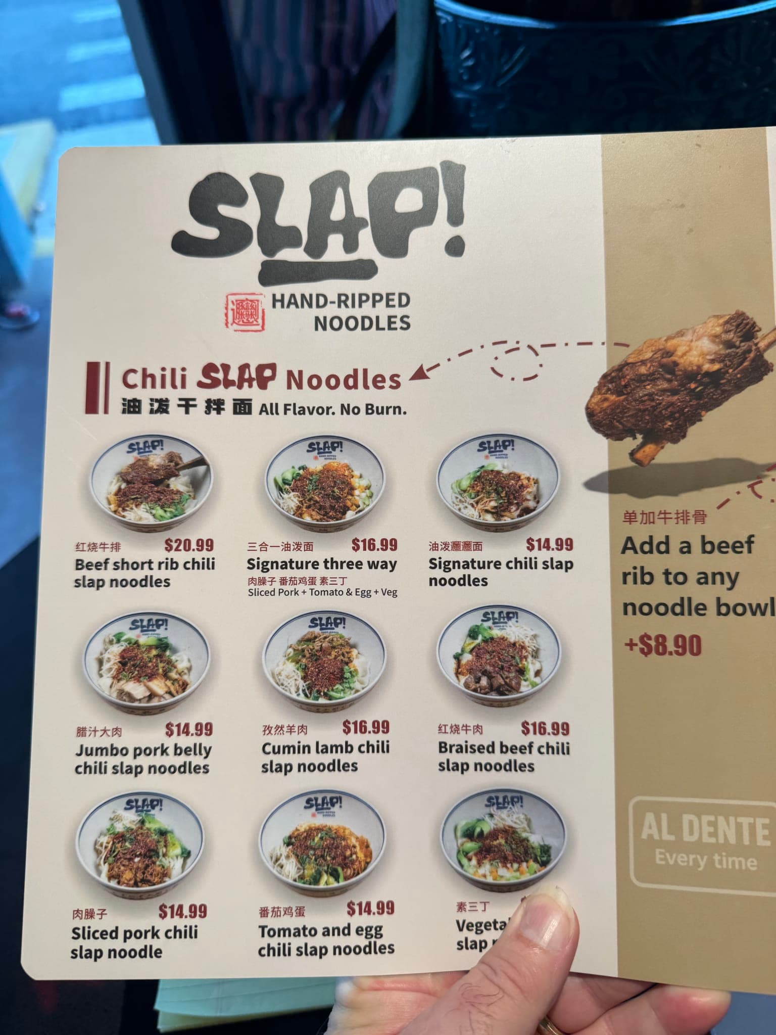 SLAP Hand-Ripped Noodles chili slap noodle menu page with nine noodle options and prices