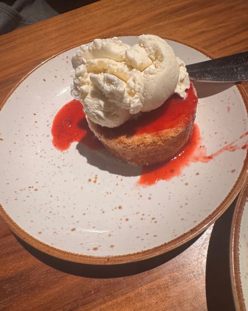 Butter Cake topped with minted strawberry compote and a big ol' scoop of vanilla bean ice cream