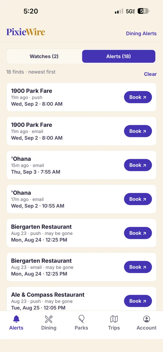 The PixieWire app's Alerts tab: a list of tables found, each with a Book button